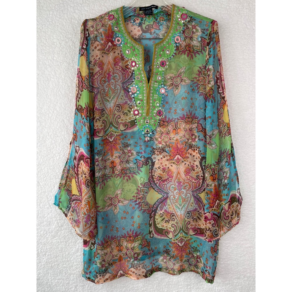 Saint Tropez West Womens Silk Paisley Tunic Top Embellished Mirror Boho Green L
